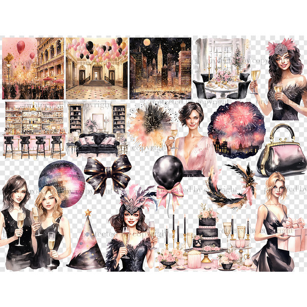 Happy New Year Clipart, Fashion Girl Clipart Collection, GlamArtZhanna, Pink Gold Black PNG, Party Girls Clipart Set, New Years Eve Art, Happy New Year 2024 Cli