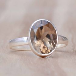 Smoky Topaz Ring, Sterling Silver Women Smoky Quartz Ring, Faceted Gemstone Ring, Oval Stone Ring Silver, Handmade Gift