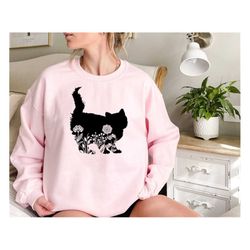 Floral Cat Sweathirt, Floral Cat T shirt , Animal Lover Sweatshirt, Cat Shirt,Cat Silhouette Shirt,Nature Lover, Cat Lov