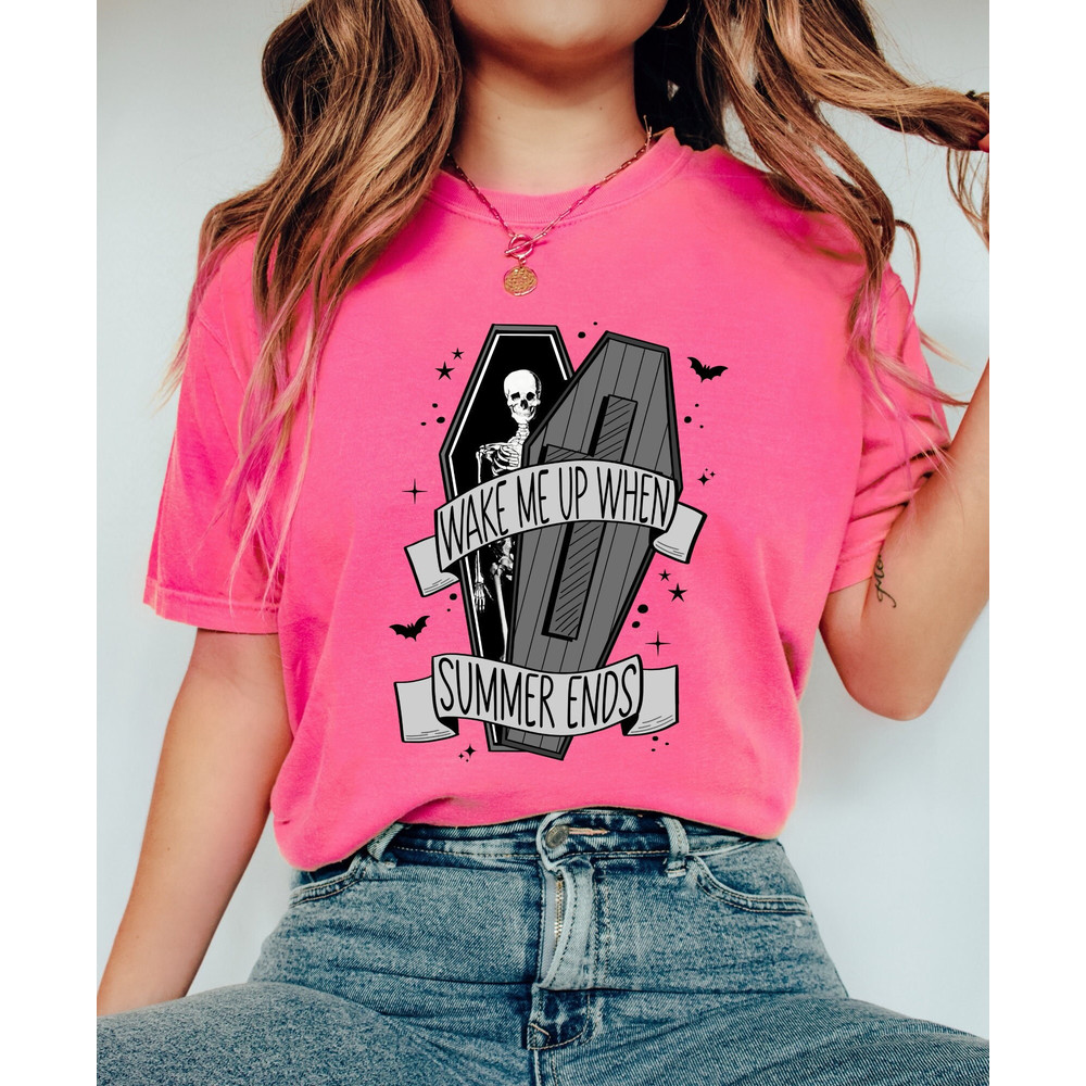 Comfort Colors Shirt, Wake Me Up When Summer Ends, Halloween Shirt, Skeleton Shirt, Retro Halloween, Fall Shirt, Funny Halloween, Women's - 1.jpg