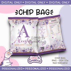 Lavender and gold Floral Chip Bag, Personalized, not editable