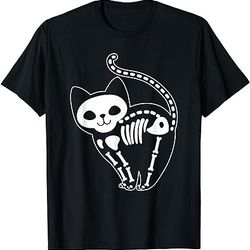 funny halloween skeleton cat kitty costume skull cat t-shirt