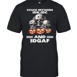 skulls pumpkin stuck between idk idc and idgaf halloween shirt