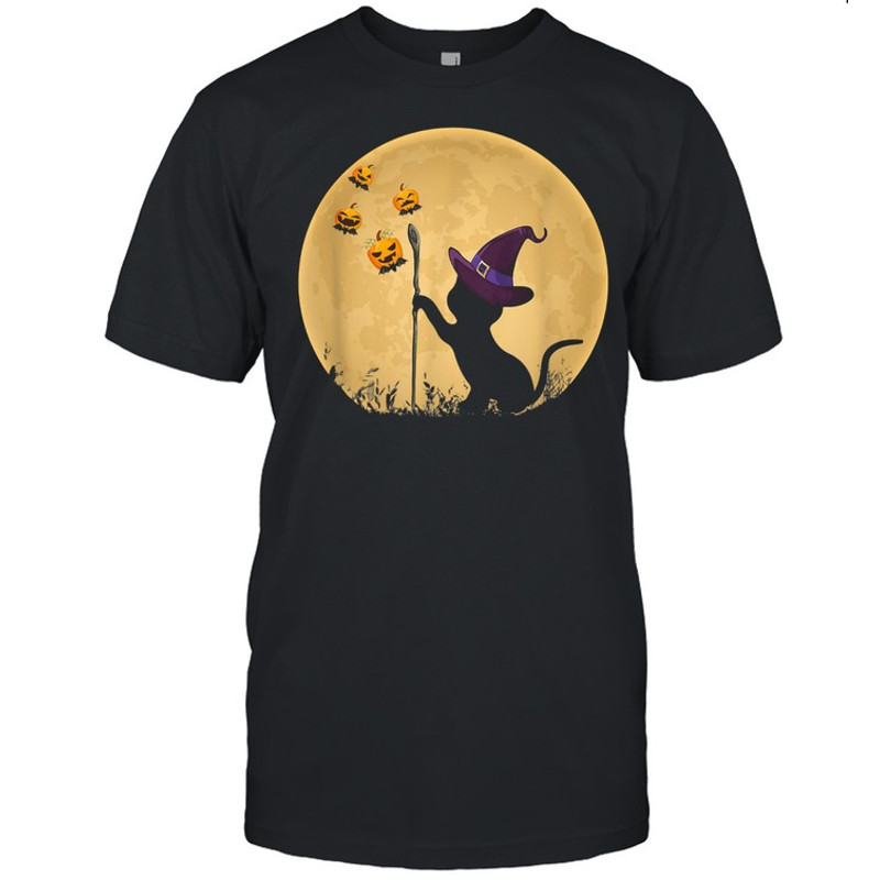 Cat with witch hat Pumpkin bat Moon Halloween Costume Kitty shirt.jpg