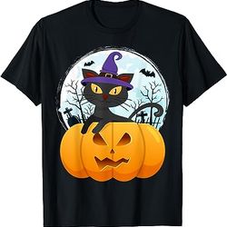 spooky black cat pumpkin halloween scary funny costume t-shirt