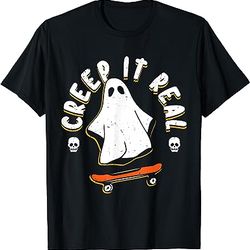 creep it real ghost floating skateboard halloween retro t-shirt