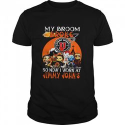 chibi horror characters my broom broke so now i work at jimmy johns halloween shirt