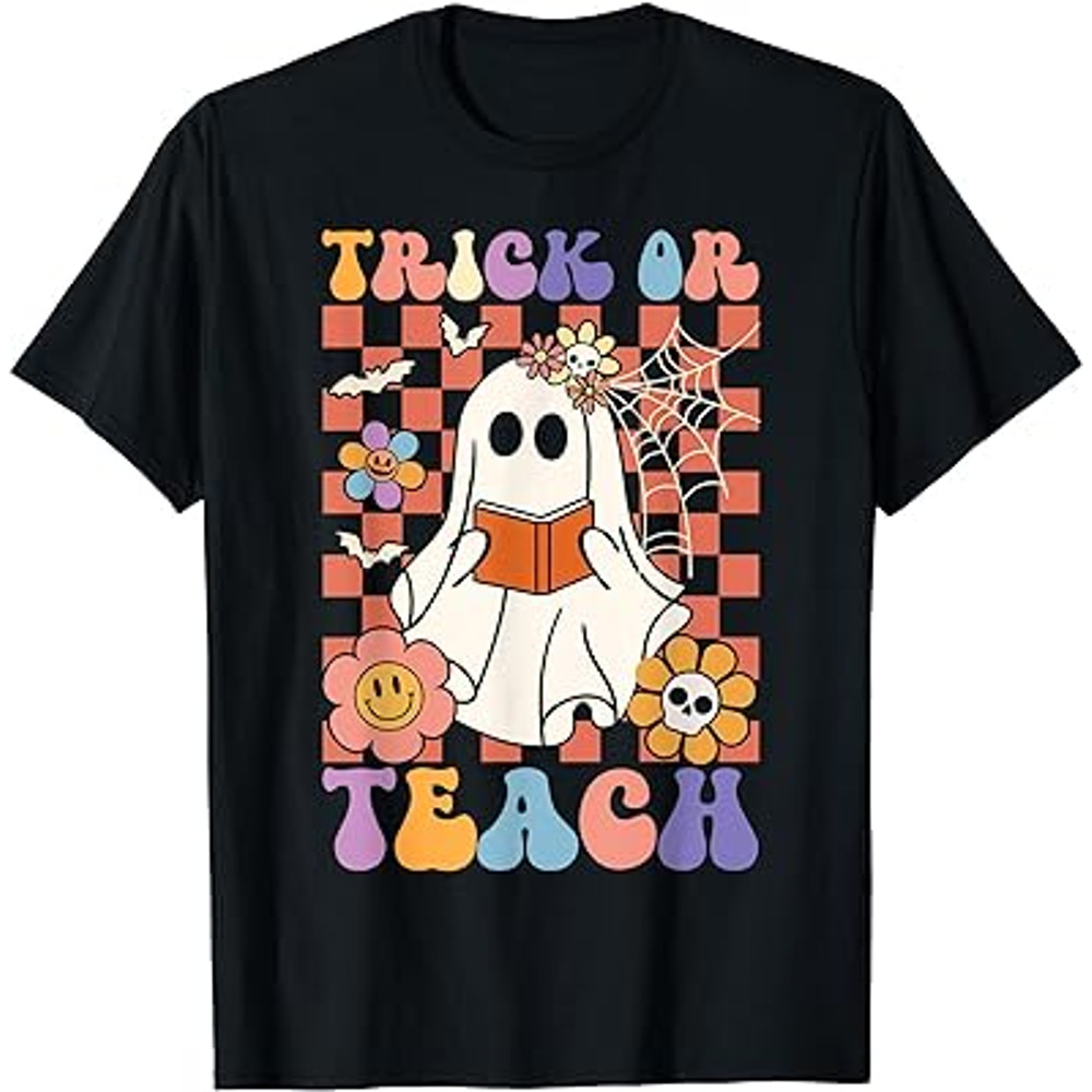 Groovy Halloween Trick or Teach Retro Floral Ghost Teacher T-Shirt.jpg
