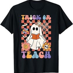 groovy halloween trick or teach retro floral ghost teacher t-shirt