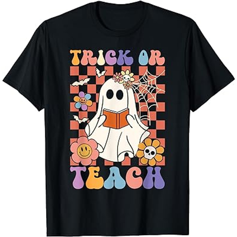 Groovy Halloween Trick or Teach Retro Floral Ghost Teacher T-Shirt.jpg
