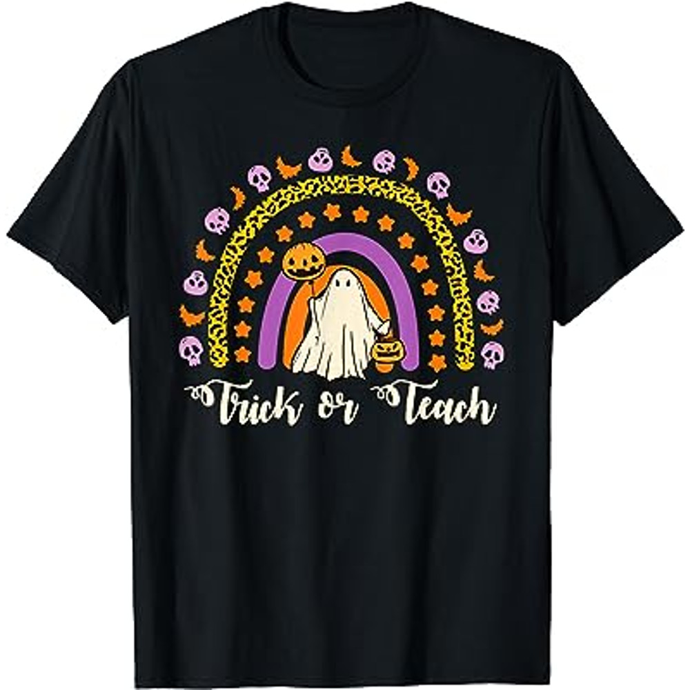 Leopard Rainbow Boo Ghost Trick Or Teach Halloween Teacher T-Shirt.jpg