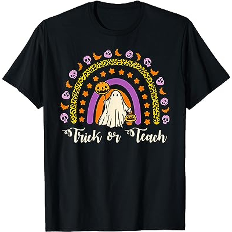 Leopard Rainbow Boo Ghost Trick Or Teach Halloween Teacher T-Shirt.jpg
