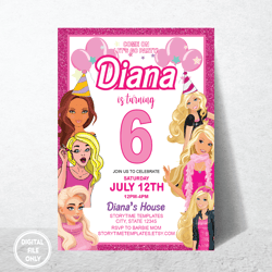 Personalized File Hot Pink Birthday Party Invitation, Pink Doll Party Printable Invitation, Doll Invitation, Digital
