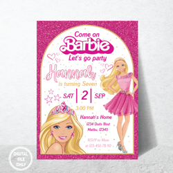 Personalized File Doll Pink Sparkle Birthday Invitation | Doll Invitation | Princess Themed Party | Girl Party Invit