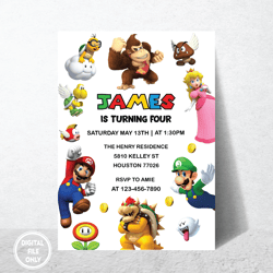 Personalized File Mario Bros Invitation, Super Mario Birthday Invitation, Super Brothers boy Invite, Video Game, Kid
