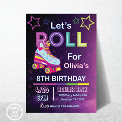 Personalized File Skate Party Birthday Invitation Png, Party Invitation Girl boy Roller Skating Png, Retro Neon Lights