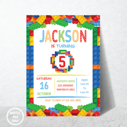 Personalized File Building Blocks Birthday Invitation | Building Bricks Kids Birthday Party Invite | Printable