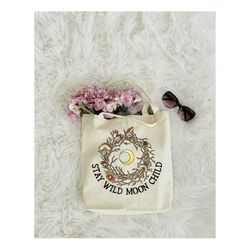 stay wild moon child tote bag, book bag, personalized tote, bohemian tote bag, shopping tote bag, gift for moon lover, b