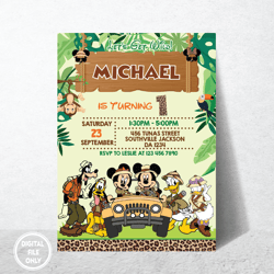 Personalized File Kids Birthday Invitation Printable, Mickey Mouse Birthday Invitation, mickey safari kids Editable