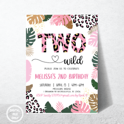 Personalized File Two Wild Birthday Invitation for Girl, Leopard Gold Safari Jungle 2nd Birthday invitations, Girl Wild