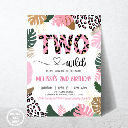 personalized file two wild birthday invitation for girl, leopard gold safari jungle 2nd birthday invitations, girl wild