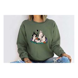 halloween ghost cat sweatshirt, retro halloween shirt, cute pumpkin sweater, trick or treat, halloween gift, halloween f