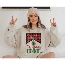 christmas junkie plaid sweater, vintage christmas, christmas sweatshirt, women's cute santa, xmas graphic pullover, holi