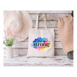 she is strong proverbs 31:25 tote bag, bible verse tote, religious tote bag, gift for christian women, feminist tote bag