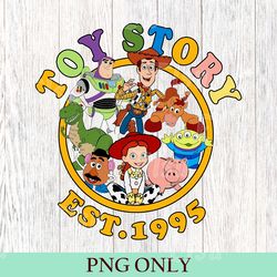 retro disney toy story est 1995 png, retro disney pixar, toy story characters buzz woody aliens png, toy story & co png
