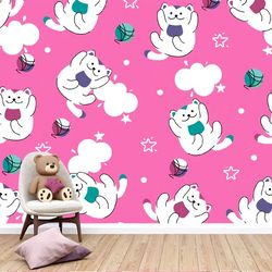 Cats patten Pink wallpaper kids bedroom wall design