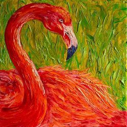 Flamingo Painting Bird Original art Impasto oil painting artwork pink flamingo 12x12 canvas by Irina Jouk