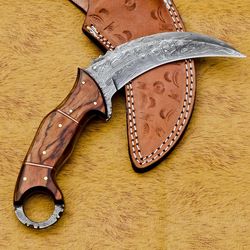 custom damascus steel hunting/bowie/dagger knife handle pakka wood with sheath