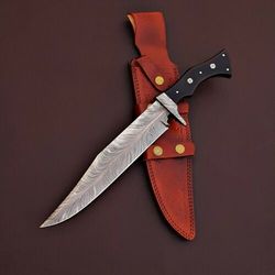 handmade forged damascus steel hunting knife grooming knife with leather sheath,