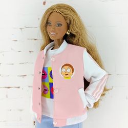 Pink baseball jacket with cartoon characters for Barbie (Regular and Curvy)