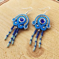 Long Blue Earrings, Soutache earrings, Beaded earrings, Embroidered earrings, Tassel earrings