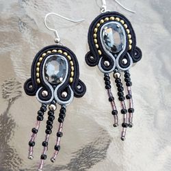Long Black Earrings, Soutache earrings, Rhinestone Beaded earrings, Embroidered earrings, Tassel earrings