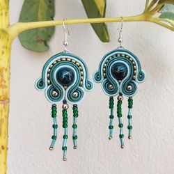 Long Green Earrings, Soutache earrings, Beaded earrings, Embroidered earrings, Tassel earrings