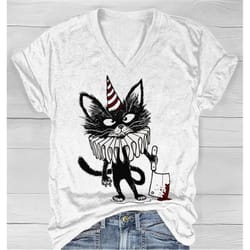 women's halloween killer cat print short sleeve v-neck t-shirt, serial killer shirt, halloween shirt, black cat shirt, h