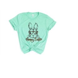 Happy Easter Shirt, Easter Bunny rabbit Shirt, Cute Bunny with glasses cute boys girls toddler Easter Bunnies shirt, Nic