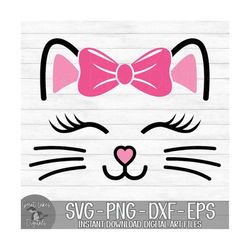 cat face with bow - instant digital download - svg, png, dxf, and eps files included! kitten, whiskers, lashes, baby gir