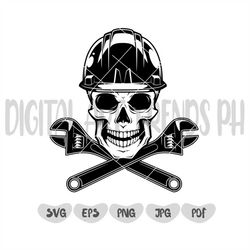 Skull with Crossed Adjustable Wrenches Svg, Carpenter Repair Skull Svg, Carpenter Svg, Skull Svg, Repair Svg, Wrench, Re