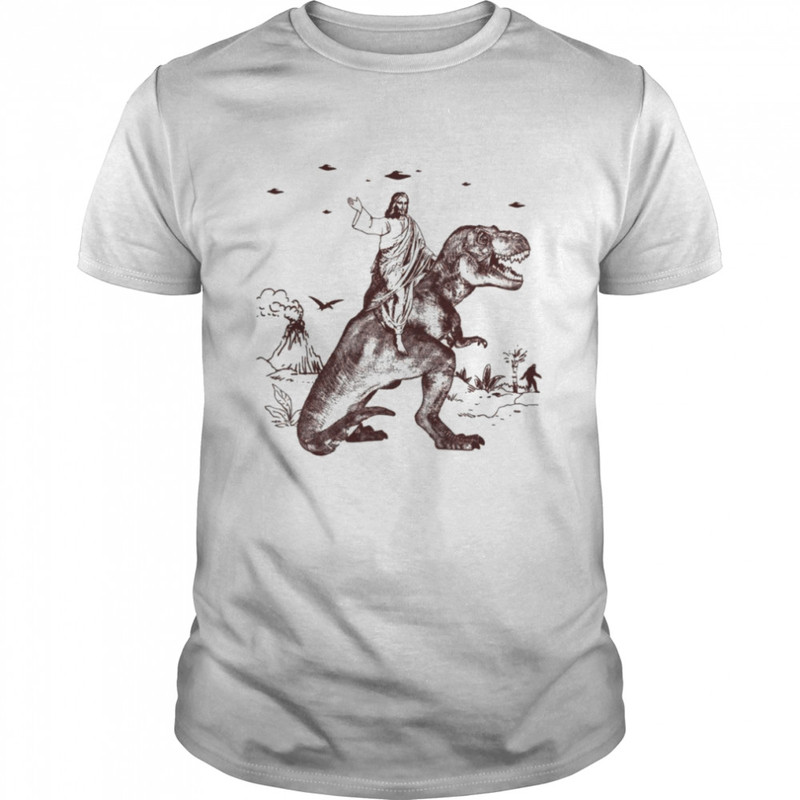 Jesus Riding Dinosaur Ufo shirt.jpg