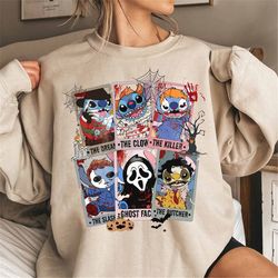 halloween stitch horror characters tarot card sweatshirt, stitch halloween 2023, stitch disneyland halloween shirts, sti