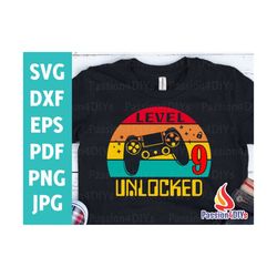 level 9 unlocked svg 9th birthday boy gamer / 9 years old gamer t-shirt video game controller joystick png sublimation c