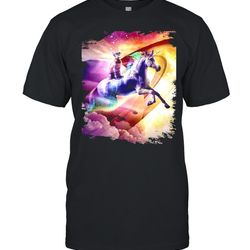 Rainbow Galaxy Cat Riding Unicorn In Space T-shirt