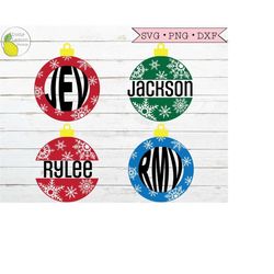 christmas monogram ornament svg bundle, snowflake ornament holiday name svg files for cricut downloads silhouette clip a