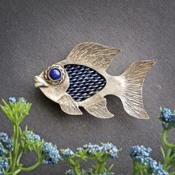 Fish brooch, lapis lazuli jewelry, scarf brooch, zodiac sign, Pisces