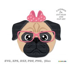 INSTANT Download. Cute girly pug face svg cut file and clip art. Personal and commercial use. P_2.