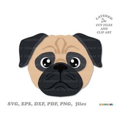 INSTANT Download. Cute pug face svg cut file and clip art. Personal and commercial use. P_1.
