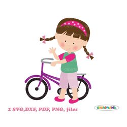 INSTANT Download. Commercial license is included up to 500 uses! Cute little girl and bicycle  svg cut file and clip art